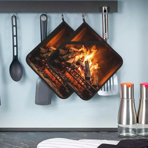 Lot de 2 maniques en coton résistant à la chaleur pour cuisine - Avec poche - Antidérapantes - Pour brûler du bois de chauffage - Grande cheminée - Gants de four pour la cuisine, la pâtisserie, le