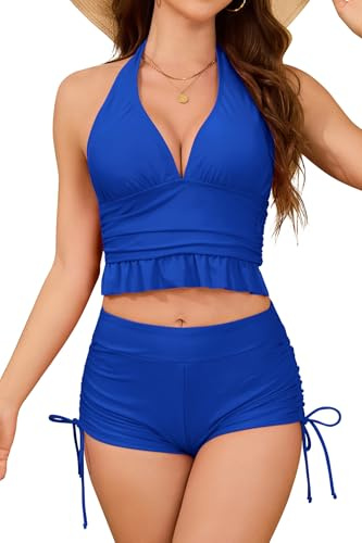 SHEKINI Women's Two Piece Bikini Sets Deep V Halter Neck Swimsuit High Waisted Ruched Side Bikini Bottom Plus Size Swimwear Bathing Suit