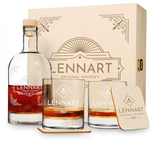 polar-effekt Whisky Geschenk-Set 6-teilig in Holzbox mit Gravur - 2x Whiskygläser, 1x Flasche & 2x Untersetzer - Individuelles Geschenk für Männer & Väter