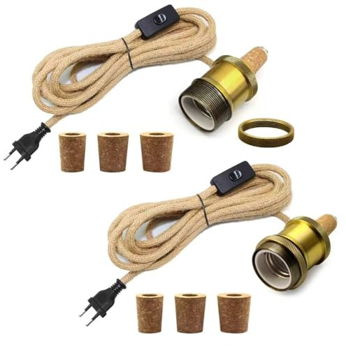 2 PZ Adattatore Bottiglia per Portalampada, Cavo di Corda di Canapa da 240 CM, Attacco E27, Kit Lampada Bottiglia, 3 Tappi Flessibili, Supporto per Lampada Bottiglia, Paralume Fai Da Te, Colore Bronzo