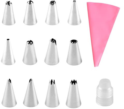 Boquillas Manga Pastelera Juego de 14 Accesorios para Manga Pastelera, 12 Boquillas de Acero Inoxidable Pequeñas, 1 Manga EVA de 30,5 cm, 1 Adaptador, Ideal para Decorar Tartas, Cupcakes y Galletas