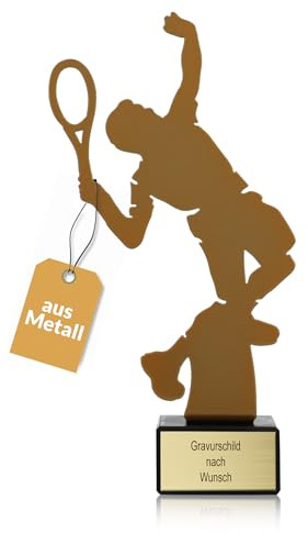 Goldener Tennis-Pokal mit Gravur, 21 cm, Metall, Tennis-Silhouette | Geschenk-Trophäe mit Steinsockel, personalisiertes Geschenk, Wanderpokal Tennis