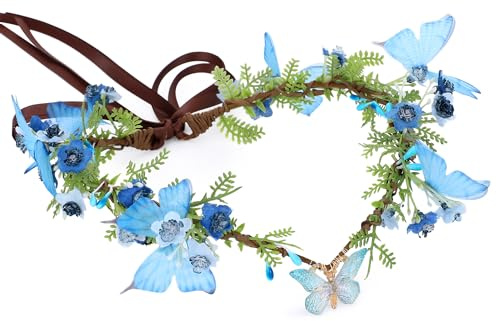 MOSTORY Blaue Schmetterlings-Elfenkrone für Renaissance-Cosplay, Waldblumen-Kopfbedeckung für Waldfeenkostüm Damen