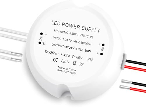 Transformador 220V a 24V 30W, 1.25A Fuente Alimentacion 24V, Transformador 24V LED Driver Controlador AC a DC, IP66 Impermeable Fuente de Alimentación Voltaje Constante para GU5.3 MR16 Bombillas Luc