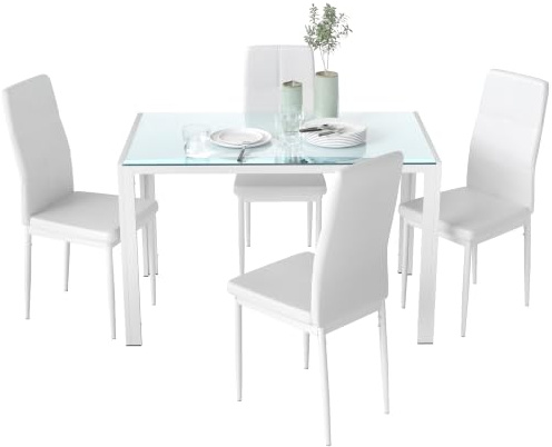 HOMCOM Set Esstisch und Stühle für 4 Personen, Küchentisch mit Stühlen, rechteckige Glasplatte, Metallgestell, für Küche Wohnzimmer Haus, weiß