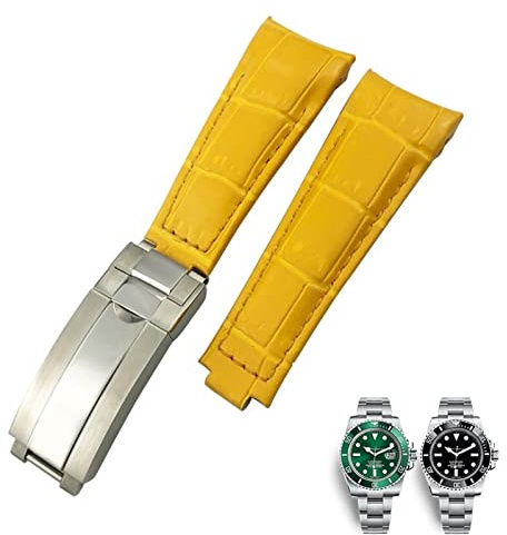 VELORE 20 mm gebogenes Ende, Lederarmband, passend für Rolex 116610 Submariner Oyster GMT Daytona Slide Lock Buckle Rindslederarmbänder(Yellow,20mm-Black Buckle)