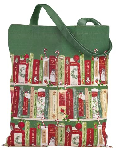 Loveinside Christmas Canvas Tote Bag for Women Girls, Vintage Book Shelf Grocery Shopping Bag, Reusable Cotton Shoulder Tote Bag, Gift Goodie Bag for Wrapping Storage, 35x40cm, 1 Pcs