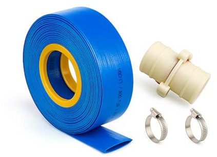 Manguera plana para descarga de agua, riego, pisicna y bombas de achique con accesorios de PVC y abrazaderas. (40mm T25m)