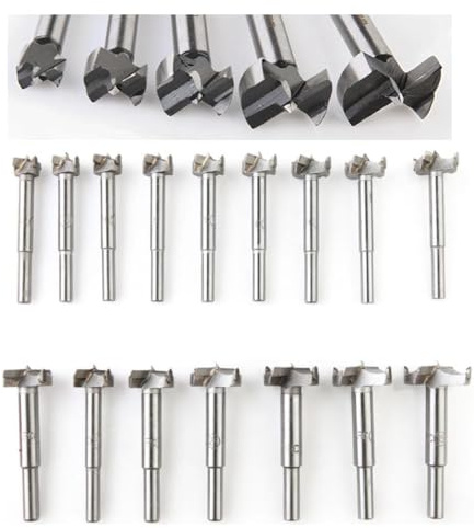 Japard Forstner Bit Set for Woodworking 16 Pcs Auger Opener Round Shank Drilling Cutting Tool in Metric 15mm-35mm, 8mm Shaft, Carbide