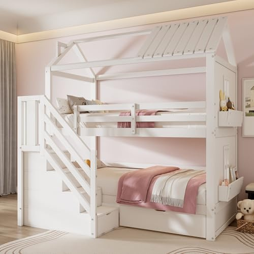 Etagenbett für Kinder mit Stauraum 90 * 200cm Hochbett mit Treppe, Schubladen & Regalen | 150kg Belastbarkeit,Sicherheitsgeländer,Kiefernholz & MDF,Weißes Kinderbett für Jungen & Mädchen