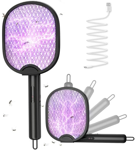 WOCVRYY Racchetta Zanzare Elettrica Pieghevole 4000V 1500mAh 3 in 1 Scacciamosche Elettrico USB Ricaricabile Insetti Scacciamosche Portatile e Luce LED Adatto per Interni ed Esterni