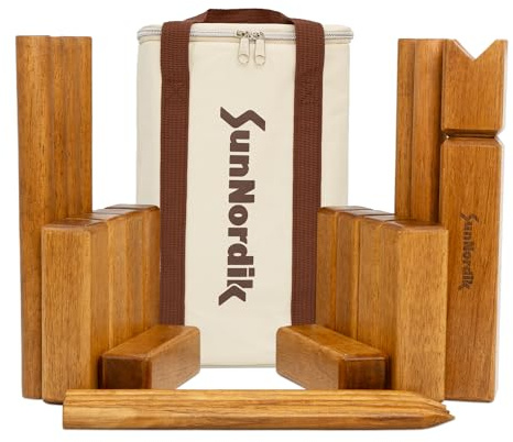 SunNordik Kubb Gioco di lancio vichingo, gioco di scacchi svedese in legno di gomma di alta qualità, con borsa per il trasporto in tela e istruzioni per il gioco, gioco robusto per bambini e adulti