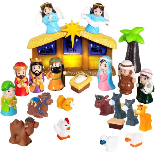 25 Pcs Nativity Set for Children with Lights, Christmas Story Toddle Nativity Figures Set, Religious Kids Nativity Set Include Baby Jesus Mary Joseph Manger, Christmas Nativity Scene for Boys Girls