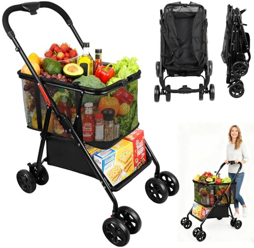 Carrello della spesa pieghevole con 2 ripiani, carrello della spesa multiuso con ruote a 360° e borsa rimovibile per la spesa, lavanderia, attrezzatura da campeggio, ecc