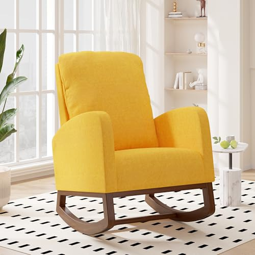 Aivermeil Schaukelstuhl, Modern Schaukelsessel für Wohnzimmer, Schlafzimmer, Stabil, Ergonomisch, Relaxsessel, skandinavisch Stil, weichem Handtuchstoff Gelb