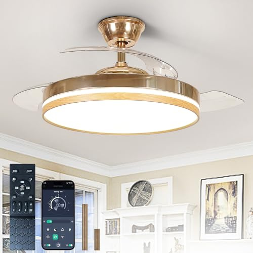 Depuley Retractable Ceiling Fans with Lights: 42 Inch Modern Chandelier Ceiling Fan with Remote & APP Control - Reversible Silent Smart Dimmable LED Fandelier for Living Room Bedroom Gold+ Wood Grain