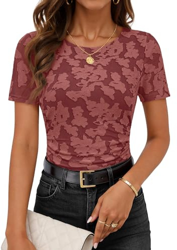 MEROKEETY Women's 2026 Summer Short Sleeve Floral Tops Spring Vacation Dressy Casual Crewneck Slim Fit Mesh T Shirt Blouses, Wine, Small