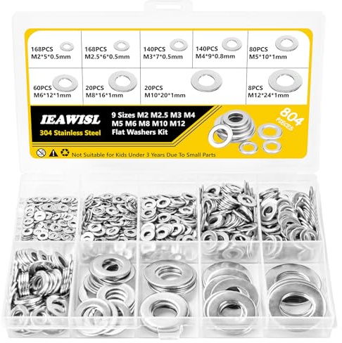 804 Pcs Rondelles Plates Inox 304 Assortiment M2 M2.5 M3 M4 M5 M6 M8 M10 M12, Kit de Rondelles en Acier Inoxydable avec Boîte de Rangement pour Vis et Boulons, Bricolage et Maison