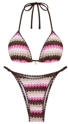 Wiepux Women’s Colorblock Stripe Bikini Set, Cheeky Boho Halter 2 Piece Swimsuits, Triangle Crochet Seashell Pendant Bathing Suits(Rose Pink,S)