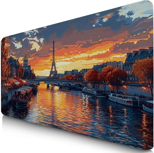 Tapis de Souris Tour Eiffel 1000x500x3mm sous Main Bureau avec Base Anti-Dérapage Paysage Tapis de Souris Gamer Imperméable, Mouse Pad avec Coutures sur Les Bords, Accessoire Bureau pour Gamer F0-875
