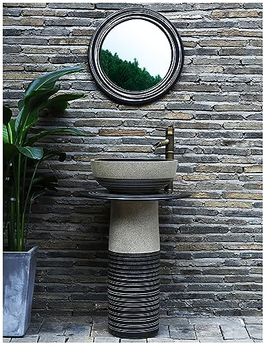 LQAIomn Modern Design Pedestal Sink Handcrafted Ceramic Wash Basin Pedestal Washbasin, Kaolin Clay Pedestal Sink Round Freestanding Sink for Indoor and Outdoo(with Mirror)