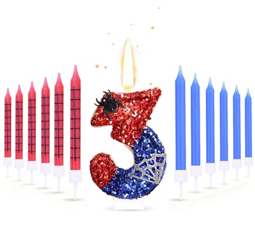 13PCS Spider Candle Cake Decorations, Spider Number 3 Cake Topper Birthday Decorations, Blue Red Number Cake Candles Suitable for Spider Theme Birthday Anniversary Wedding Party Graduation Party