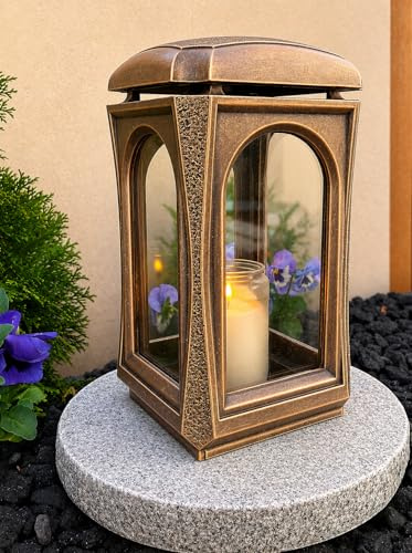Grablampe mit Granitsockel Massiv (Farbauswahl) Grabschmuck Grablaterne Sockel Grablicht Kerze Grabkerze Lampe Laterne Trauer Schutzengel Friedhof Garten Grabdekoration (Bronze)