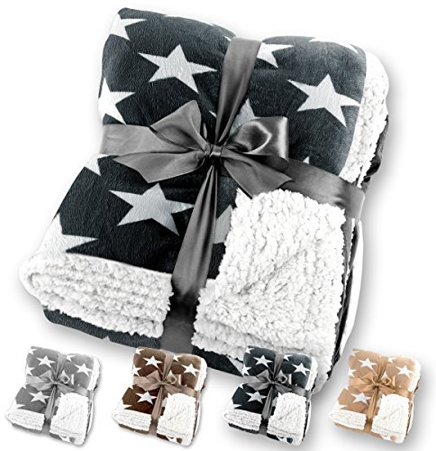 Gräfenstayn® Sternendecke Kuscheldecke in Lammfell-Optik - Verschiedene Größen und Farben - Motiv Stern Tagesdecke Flanell Mikrofaser-Flausch - mit Öko-Tex Siegel (Anthrazit, 170x130cm)