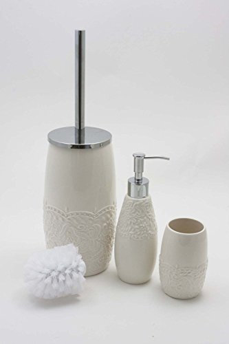 Flair Bad Accessoires Set 4 teilig Keramik Creme Romance mit WC Bürste + Ersatzbürstenkopf, Seifenspender und Zahnputzbecher