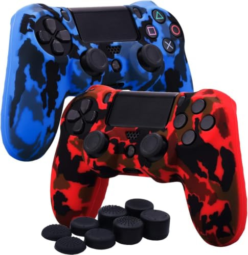 YoRHa Water Transfer Printing Camouflage Silicone Cover Skin Case for Sony PS4/slim/Pro Controller x 2(red+blue) With Pro thumb grips x 8