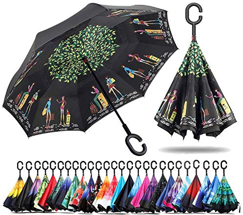 NNY Inc Parapluie double face coupe-vent et protecteur contre les UV - Pliable - Parapluie droit inversé pour hommes et femmes - Autoportant - Poignée en forme de C - pour golf/voitures (voyage)