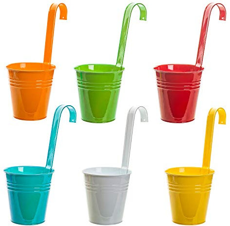 Monster24 6er Set Hängetopf, Metall-Blumentopf, Blumenampel für Pflanzen, Bunte Blumentöpfe zum Aufhängen, hängender Blumentopf, Balkontopf, Pflanztopf, Kräutertopf (Ø 13/9cm - Höhe 13/29.5cm)