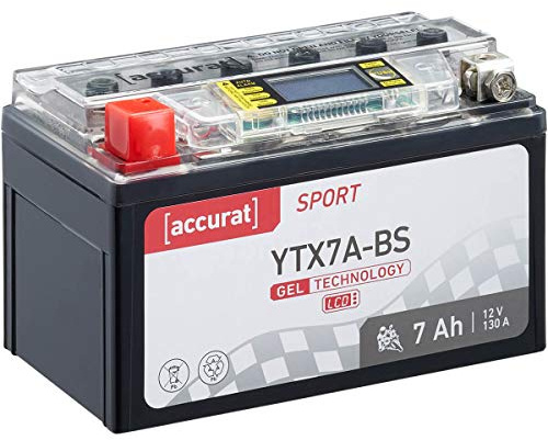 Accurat Motorradbatterie YTX7A-BS, Gel, 12V 7Ah, LCD-Anzeige, wartungsfrei | kompatibel mit MGS12-7A-BS, geeignet für Roller, zyklenfest, rüttelfest, Starterbatterie, Erstausrüsterqualität, vorgeladen