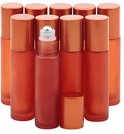 Rowiz 10pcs Small Glass Roller Bottles, 10ml Glass Roll on Bottles | 1/3oz, Refillable, Leak-proof, Portable, Thickened Glass, for DIY Essential Oils, Perfume, Travel - Frosted Orange