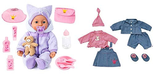 Bayer Design 94694AA, Funktionspuppe, Interaktive Puppe Piccolina Magic Eyes, bewegt den Mund, lila, 46cm & Puppenkleidung für 42-46cm Puppen, Hose, Oberteil, Jacke, Kleid, Shirt, Mütze, rosa