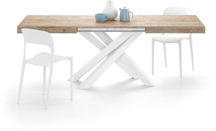 MOBILI FIVER, Ausziehbarer Esstisch Emma 140(220) x90 cm, Eiche mit Weißen gekreuzten Beinen, Made In Italy