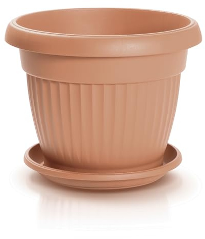 IMJ-Global Maceta con plato para plantas Flores DCE40-POD33 Tierra redonda Ø40 cm de interior exterior Terracota 20 litros Ø40 x 31,5 cm diseño clásico Jardinera de plástico para balcón