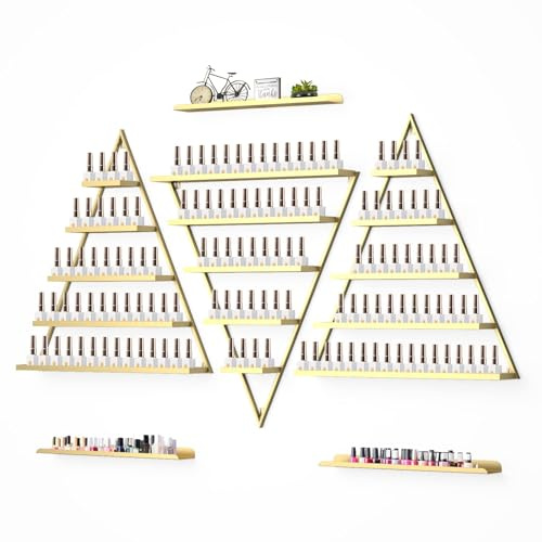 Lorvain Metal Wall-mounted Nail Polish Storage Racks 5 Tiers Gold Triangular Display Rack Cosmetic Display Cases Lipstick Perfume Wall Shelf Essential Oil Organizers for Home Spa Nail Salon Shop