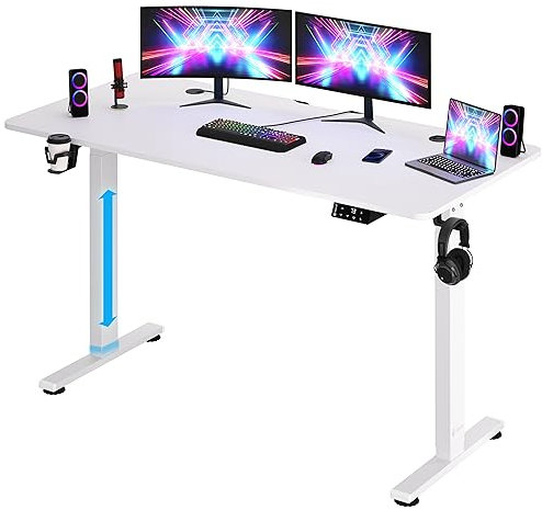 Casaria® Höhenverstellbarer Schreibtisch 140cm Weiß Gestell Tischplatte Gaming Tisch LCD Display Memoryfunktion Elektrisch mit Zubehör Computertisch Büro