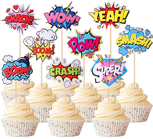 Xsstarmi 36 Pack Super Hero Boom Cupcake Toppers Smash Crash Pow Cupcake Picks for Celebrating Hero Theme Baby Shower Kids Birthday Party Cake Decorations Supplies