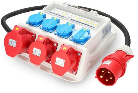 Herrselsam Distributore di corrente da costruzione, 1 x CEE 32 A + 2 x CEE 16 A + 4 x 230 V, 5 poli, distributore a parete con interruttore di protezione del tubo, IP44, impermeabile per officine,