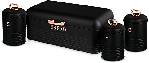 Berlinger Haus Boîte à pain de table + lot de 3 boîtes de rangement en acier inoxydable résistant avec couvercle Noir/or rose