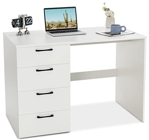 COSTWAY Bureau d'Ordinateur avec 4 Tiroirs, Bureau Informatique Finition Mélaminé Laqué UV pour Chambre Maison Salon, Blanc, 110x60x76cm