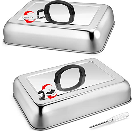 2Pcs Basting Cover Melting Dome for Griddle (13 x 9.8), Joyfair Rectangular Stainless Steel Cheese Melt Lid for Outdoor Flat Top Grill, Heat-Resistant Handle & Dishwasher Safe (With Vent)
