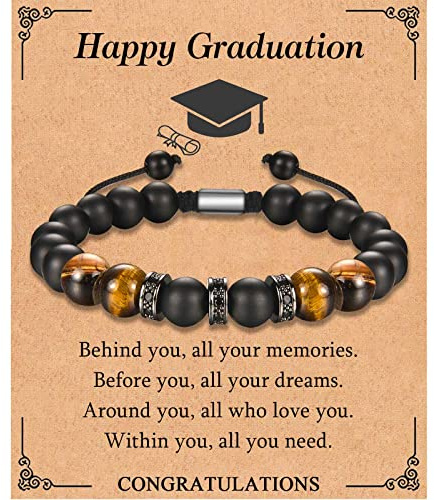 KORAS Graduation Gifts for Him, Tiger Eye Stone Bracelet Graduation Gifts for Son Grandson Brother, Adjustable Beads Bracelet Graduation Present