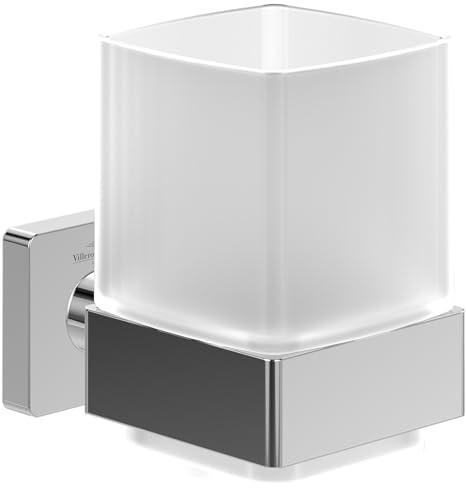 Villeroy & Boch Elements Striking - Soporte para cepillos de Dientes, Soporte de Pared para cepillos de Dientes, Vaso de Cristal Satinado con Soporte de latón Cuadrado Cromado