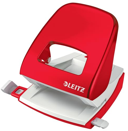 Leitz Büro Locher aus Metall, Für 30 Blatt, Anschlagschiene mit Formatvorgaben, Für Büro, Home Office & Schule, Metallic-Rot, WOW-Serie, 50081026