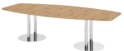 Bümö Konferenztisch oval 280x130 cm großer Besprechungstisch in Asteiche, Besprechungstisch mit Chromsäulen, Meetingtisch für 10 Personen, XXL-Tisch für Besprechungsraum & Meeting