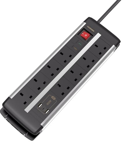 Surge Protected Extension Lead with USB Slots, 2 USB-A and 1 USB-C PD 20W | 8 Way, Wide Spaced, Overload Protection, Switch and 2m Cord, Wall Mounted for home, Office, Meeting Room