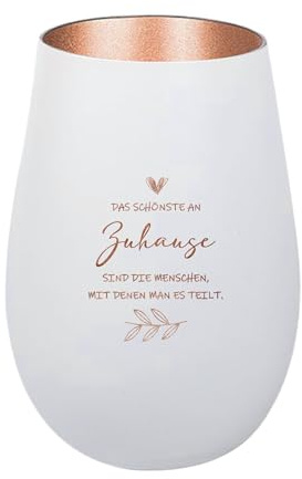Der-Porzellan-Laden Windlicht mit Gravur Das schönste an Zuhause, Weiß Bronze, Teelichthalter aus Glas mit Spruch, Tischdeko modern